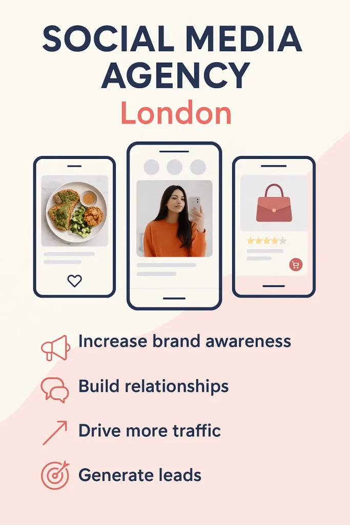 Infographic showing a Social Media Agency in London with three smartphones displaying social media content, icons for marketing, communication, traffic, and leads, and bold text highlighting benefits like brand awareness and customer engagement.
