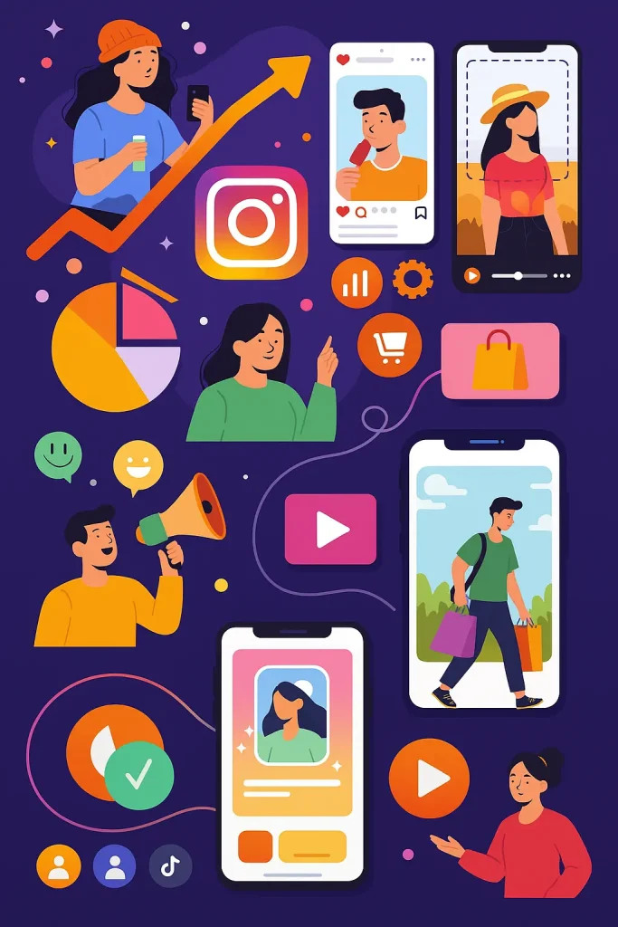 A colorful infographic featuring Instagram advertising cast and illustrated elements like smartphones, shopping bags, pie charts, video icons, people engaging with content, and Instagram’s logo, all symbolizing Instagram advertising features and user interaction trends in 2025.